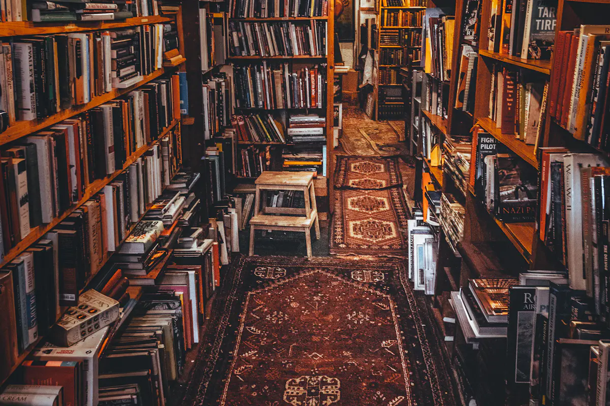 Rows of books arranged on library shelves.
