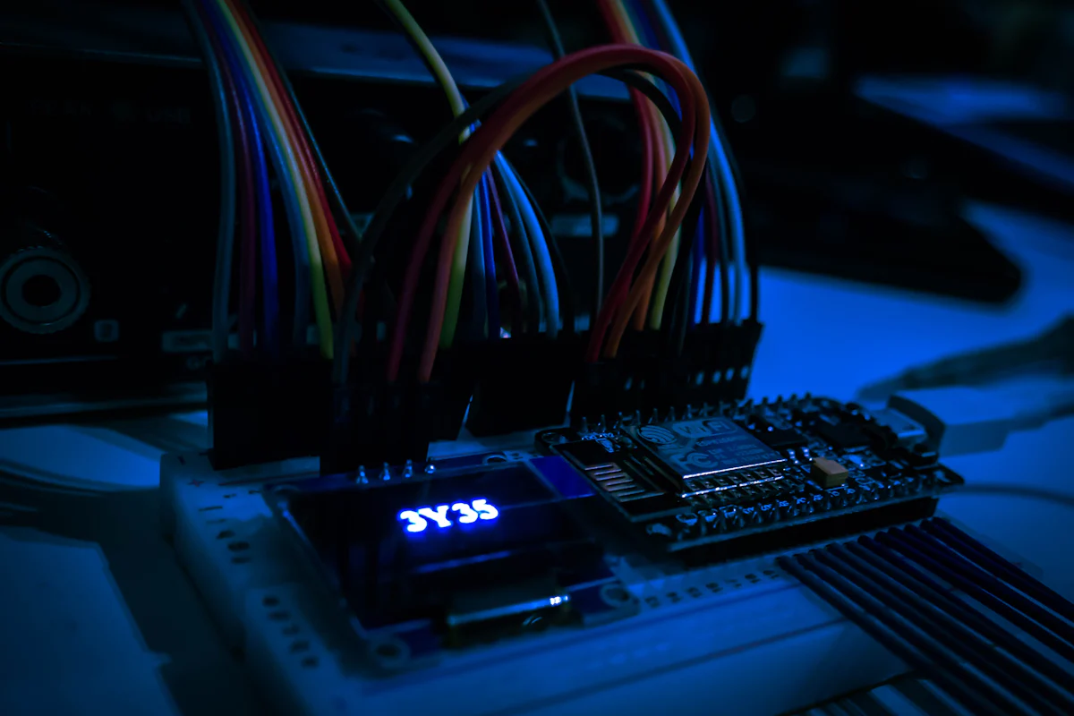 Electronic components joined by jumper wires on a circuit board.