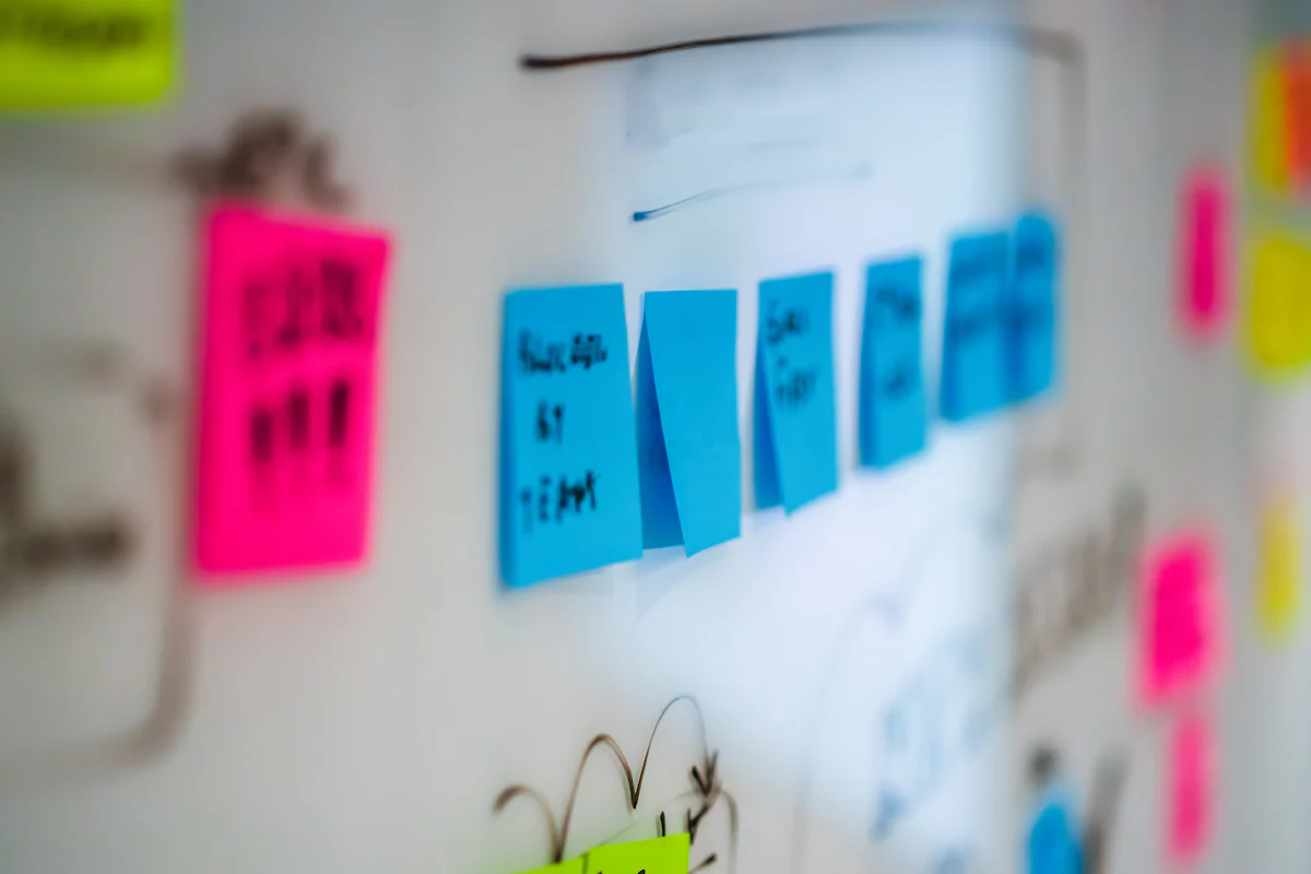 Colorful research notes arranged on a workshop whiteboard.