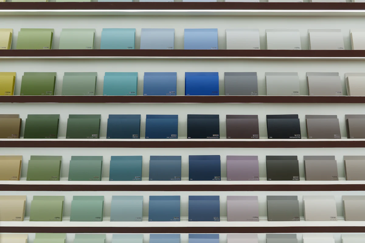 An organized display of paint color swatches.
