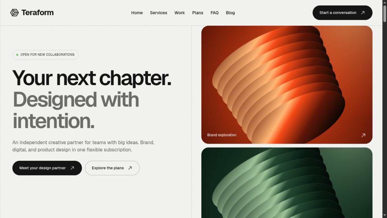 Teraform homepage with editorial typography and orange and green sculptural artwork