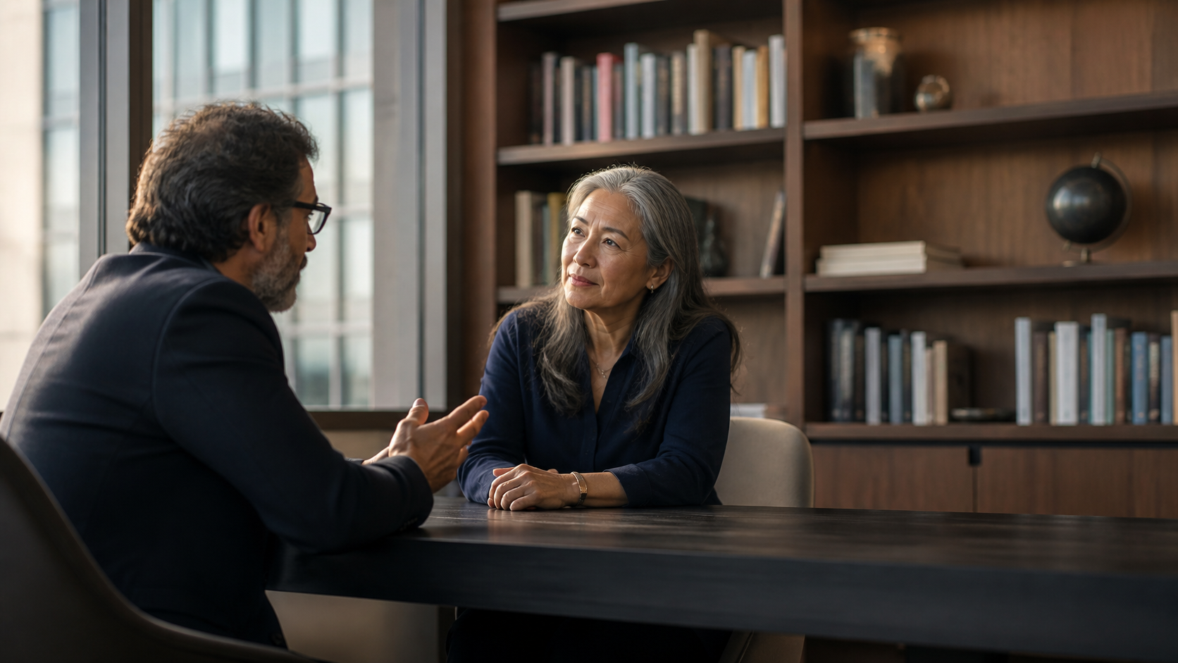 Two professionals in a thoughtful conversation