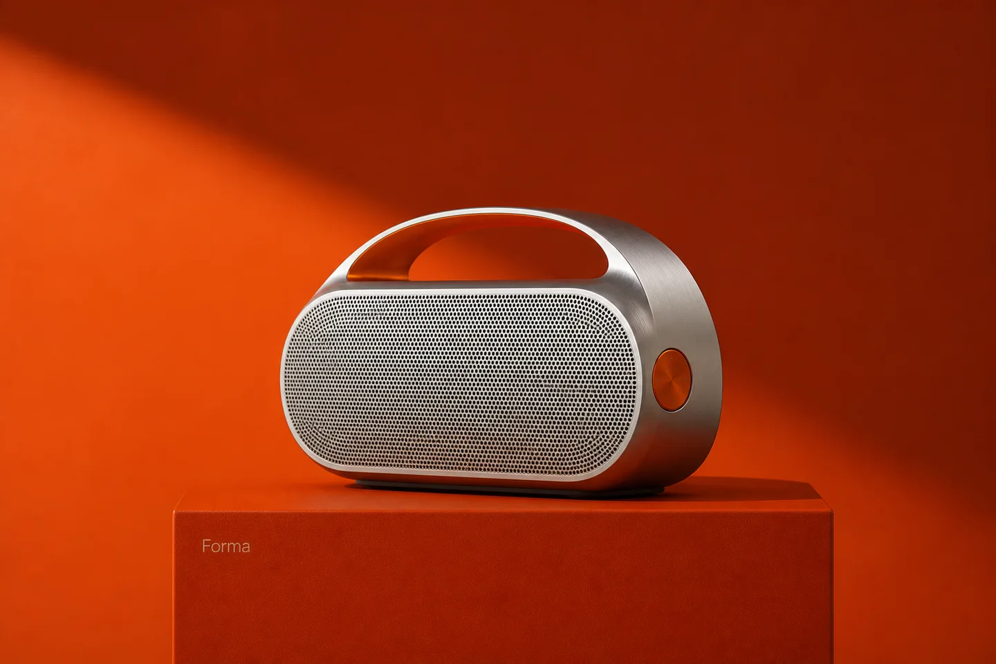 Original Forma brushed metal speaker concept against an orange studio backdrop