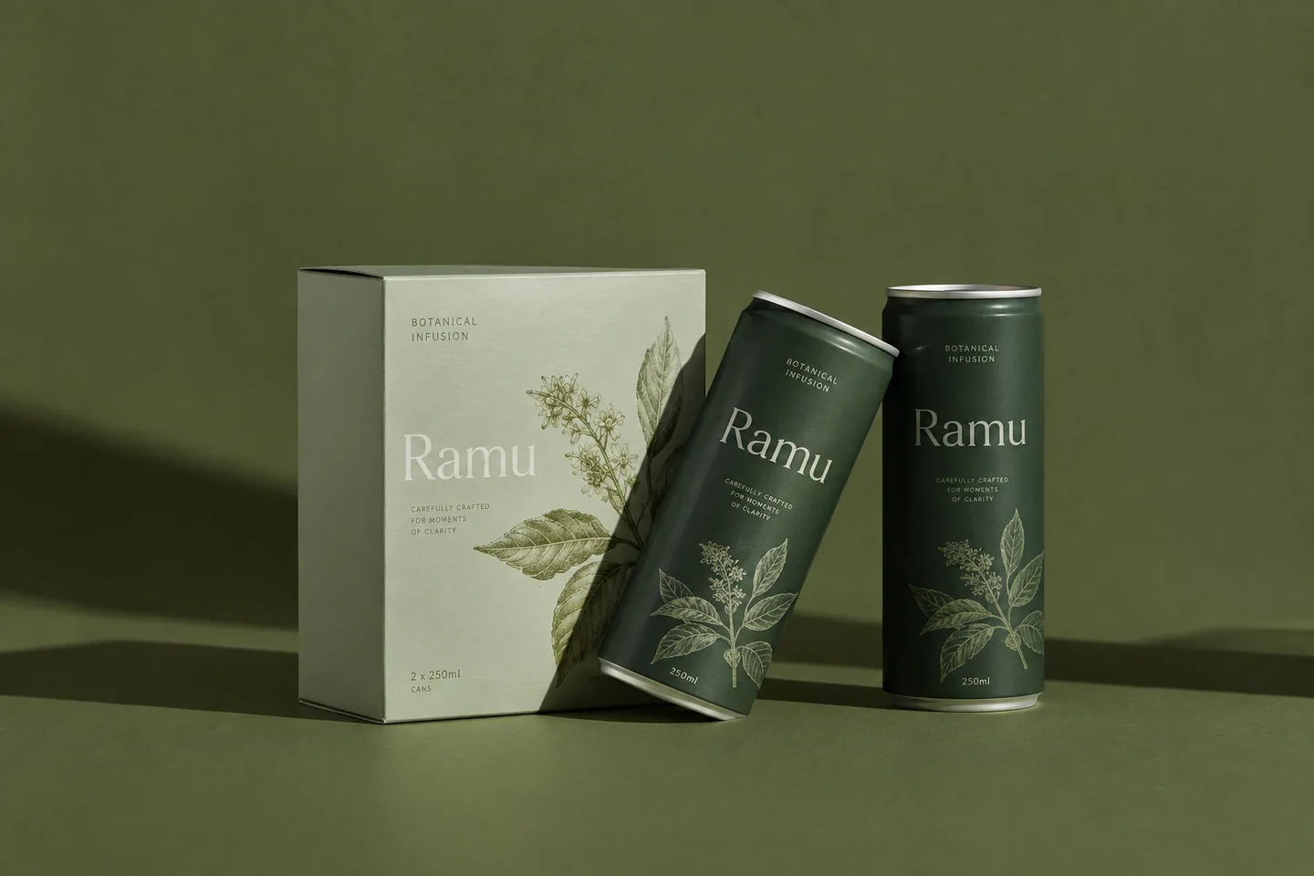 Original Ramu botanical drink packaging in forest green