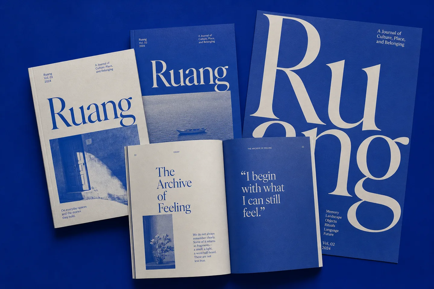 Original Ruang cultural publication with cobalt blue covers and editorial typography